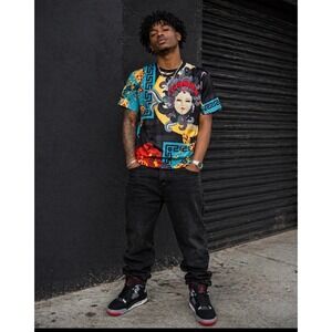 Hudson Jeans Men Small The Mask Vibrant Colors Shirt with Rhinestone on front.